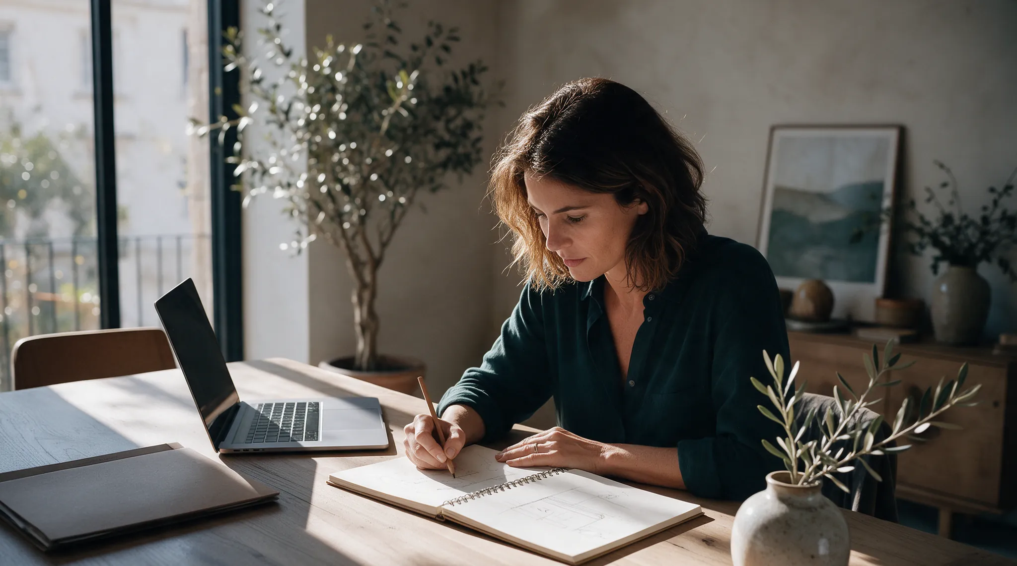La même table, rangée : la dirigeante dessine un projet dans son carnet.